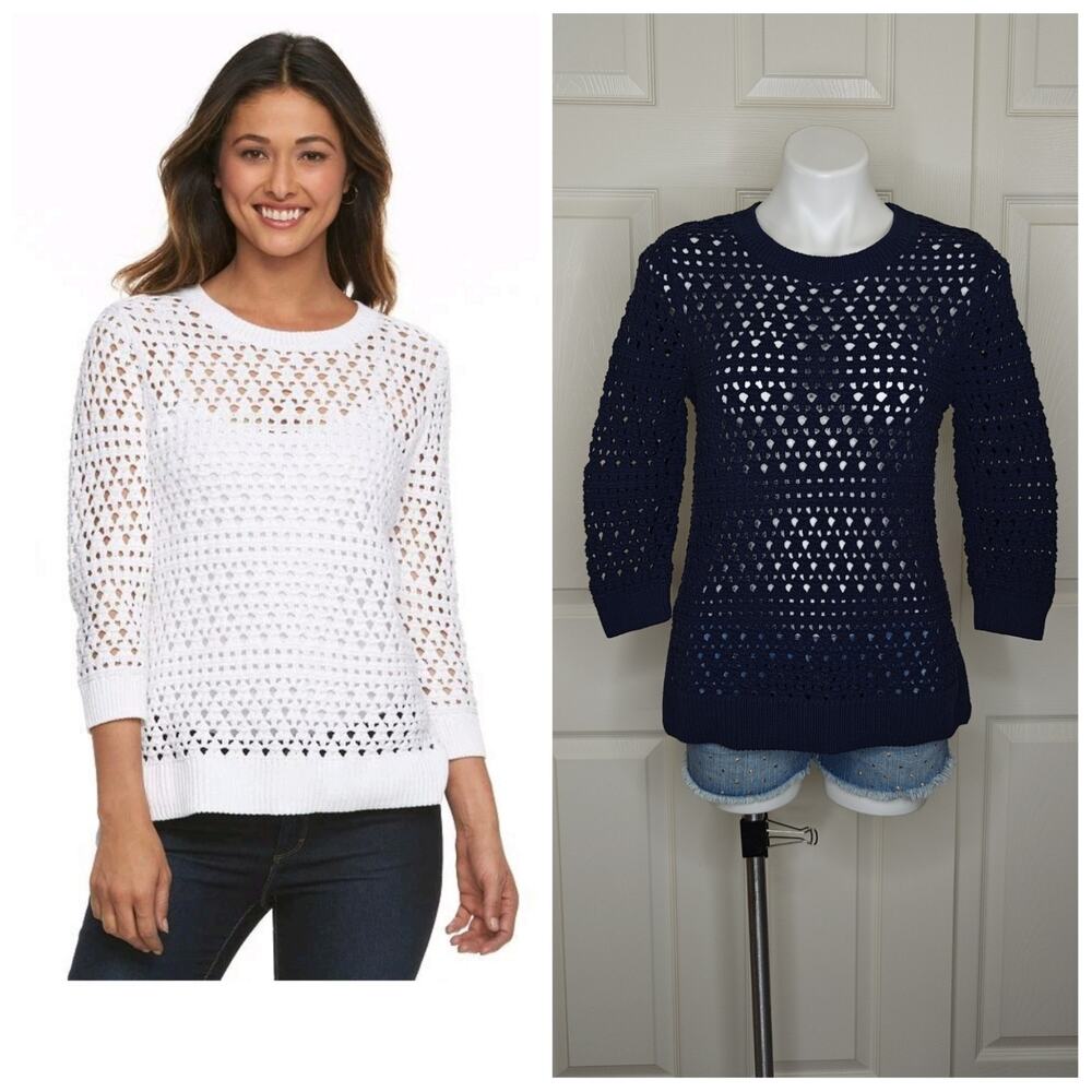 Croft & Barrow Cotton Navy Open-Work High-Low Sweater sz M